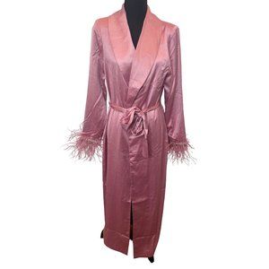 Naked Wardrobe Feather Long Sleeve Kimono Robe Dressing Gown Pink Women's S NWOT